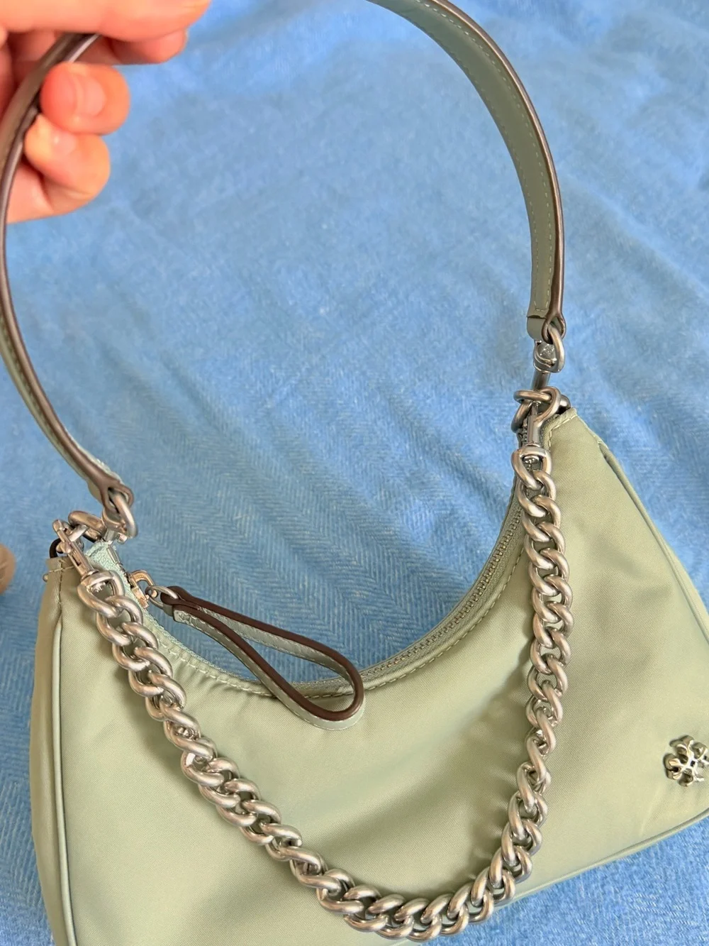 Tory Burch Mint Green Mini Shoulder Bag with Silver Chain